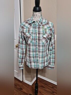 Women's Plaid Button-Up Shirt - Brown & Blue.